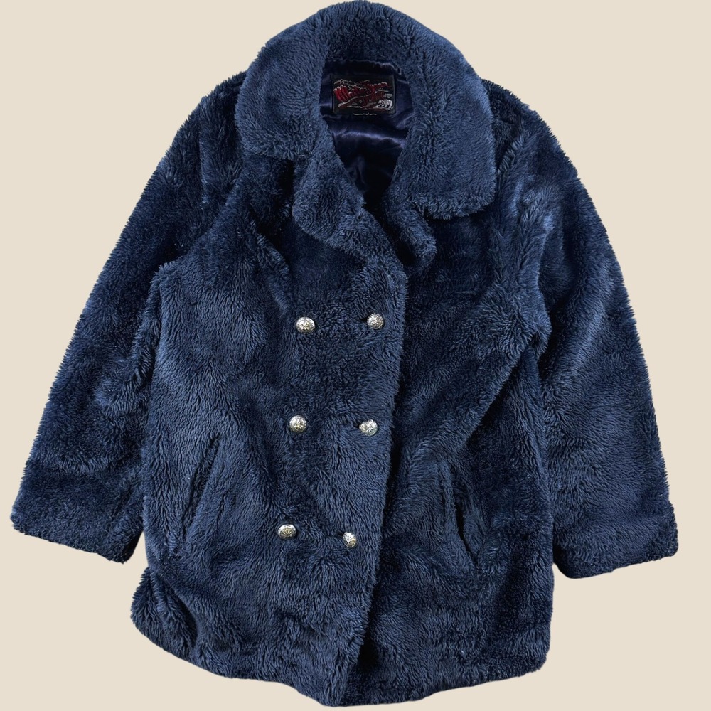 Vintage White Bear Pea Coat Women S Navy Blue Faux Fur Teddy Double Breasted